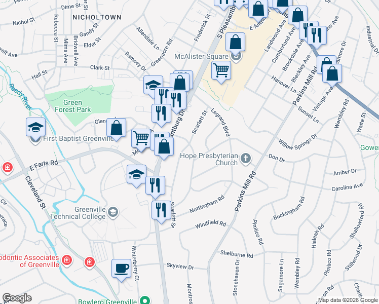 map of restaurants, bars, coffee shops, grocery stores, and more near 3 Don Drive in Greenville