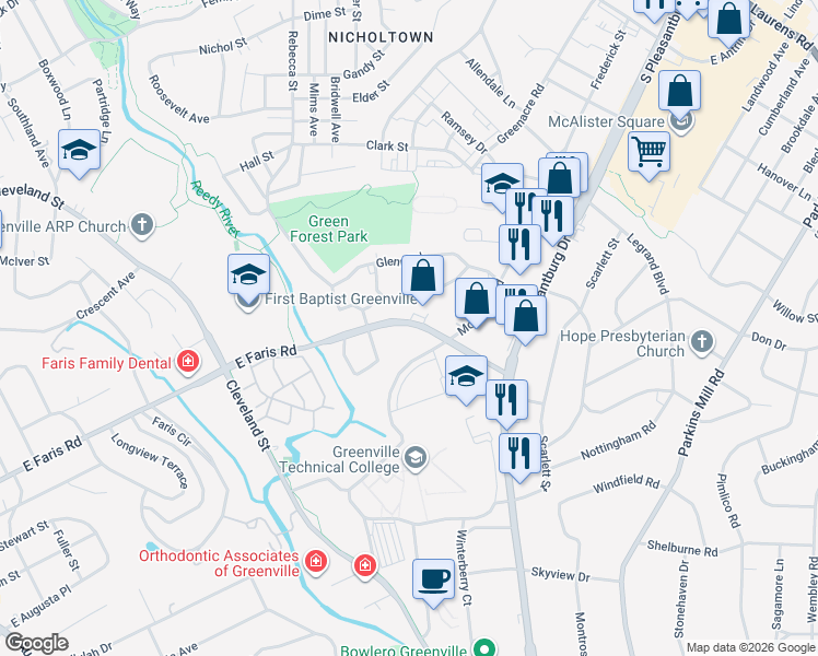 map of restaurants, bars, coffee shops, grocery stores, and more near 777 East Faris Road in Greenville