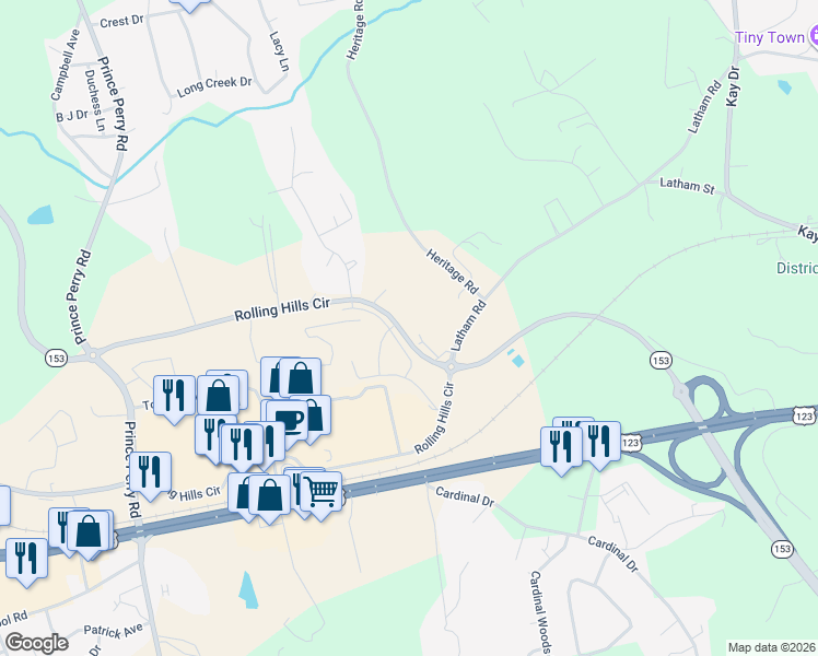 map of restaurants, bars, coffee shops, grocery stores, and more near 438 Rolling Hills Circle in Easley