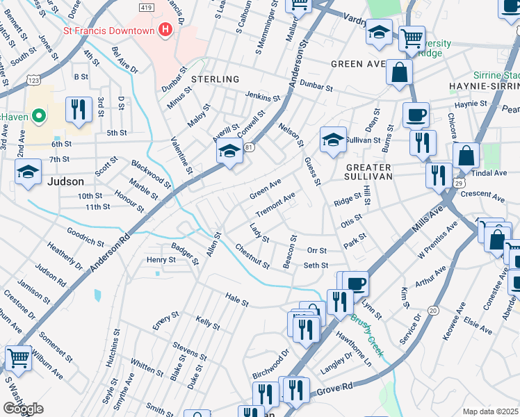 map of restaurants, bars, coffee shops, grocery stores, and more near 218 Tremont Avenue in Greenville