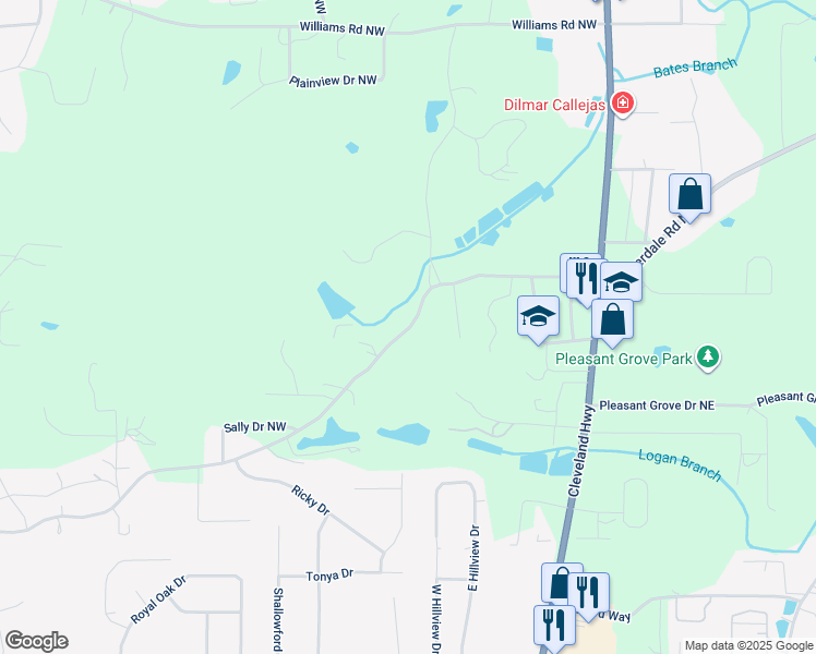 map of restaurants, bars, coffee shops, grocery stores, and more near 228 Haigmill Road Northwest in Dalton