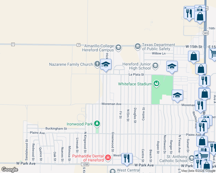 map of restaurants, bars, coffee shops, grocery stores, and more near 328 Hickory Street in Hereford