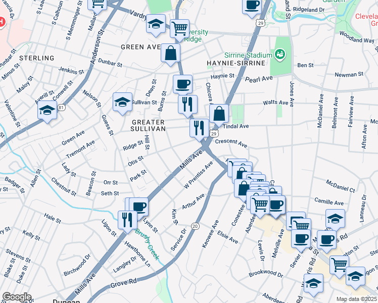 map of restaurants, bars, coffee shops, grocery stores, and more near 16 Mills Avenue in Greenville