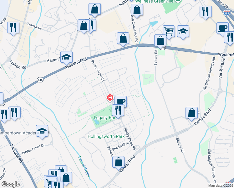 map of restaurants, bars, coffee shops, grocery stores, and more near 326 Danvers Road in Greenville