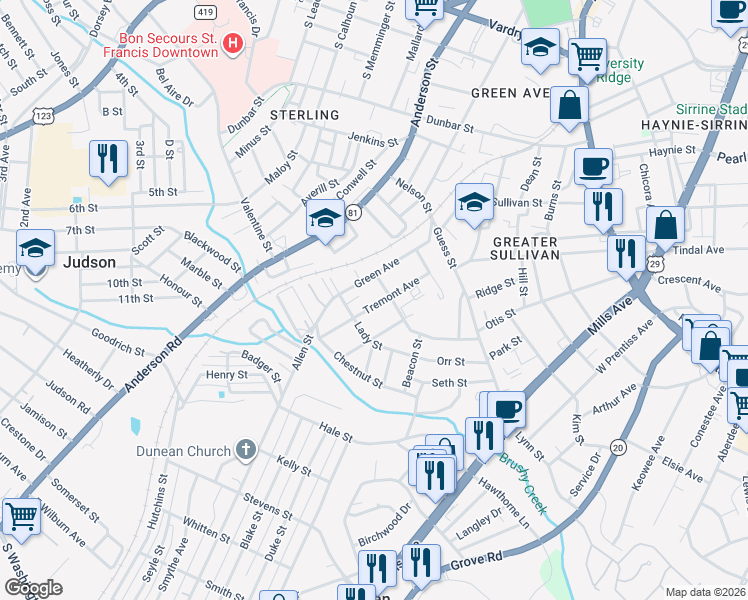 map of restaurants, bars, coffee shops, grocery stores, and more near 204 Tremont Avenue in Greenville