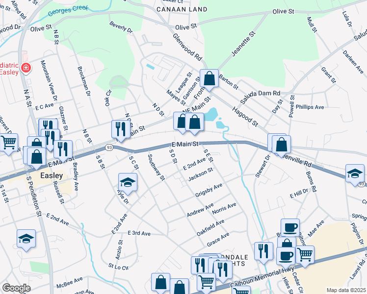 map of restaurants, bars, coffee shops, grocery stores, and more near 818 East Main Street in Easley