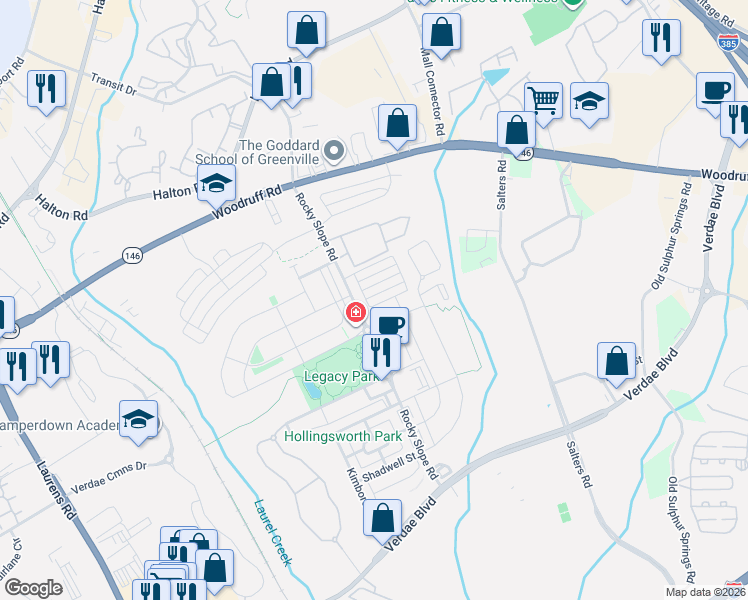 map of restaurants, bars, coffee shops, grocery stores, and more near 326 Danvers Road in Greenville