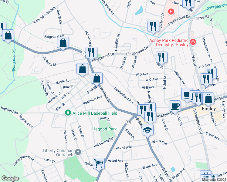 map of restaurants, bars, coffee shops, grocery stores, and more near 610 West Main Street in Easley