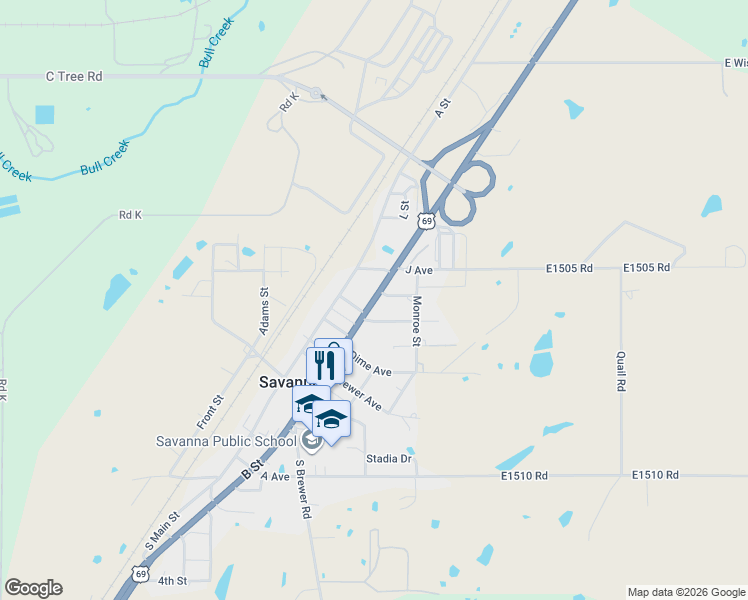 map of restaurants, bars, coffee shops, grocery stores, and more near 228 U.S. 69 in Savanna