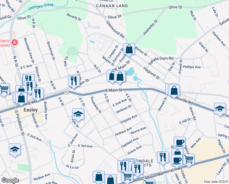 map of restaurants, bars, coffee shops, grocery stores, and more near 818 East Main Street in Easley