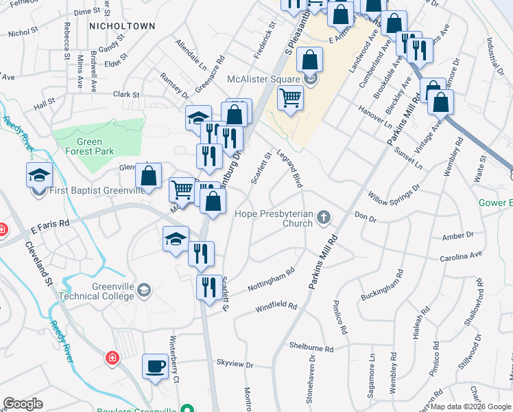 map of restaurants, bars, coffee shops, grocery stores, and more near 3 Don Drive in Greenville