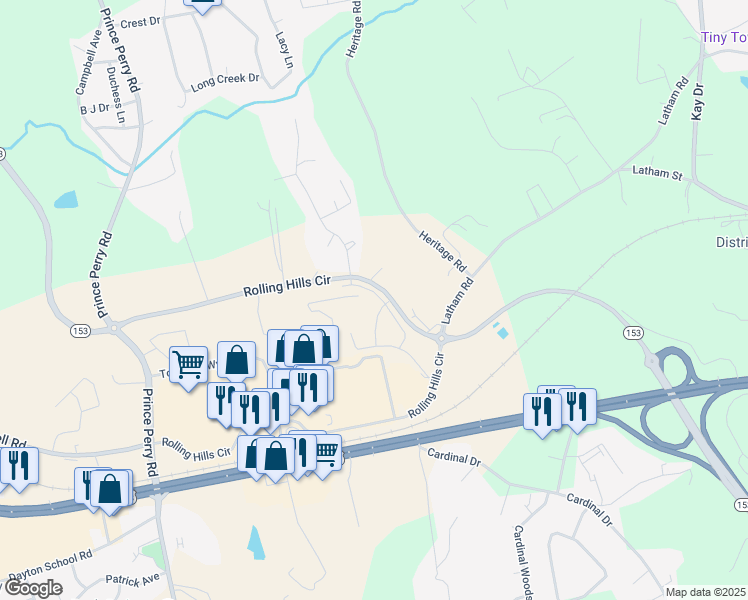 map of restaurants, bars, coffee shops, grocery stores, and more near 442 Rolling Hills Circle in Easley