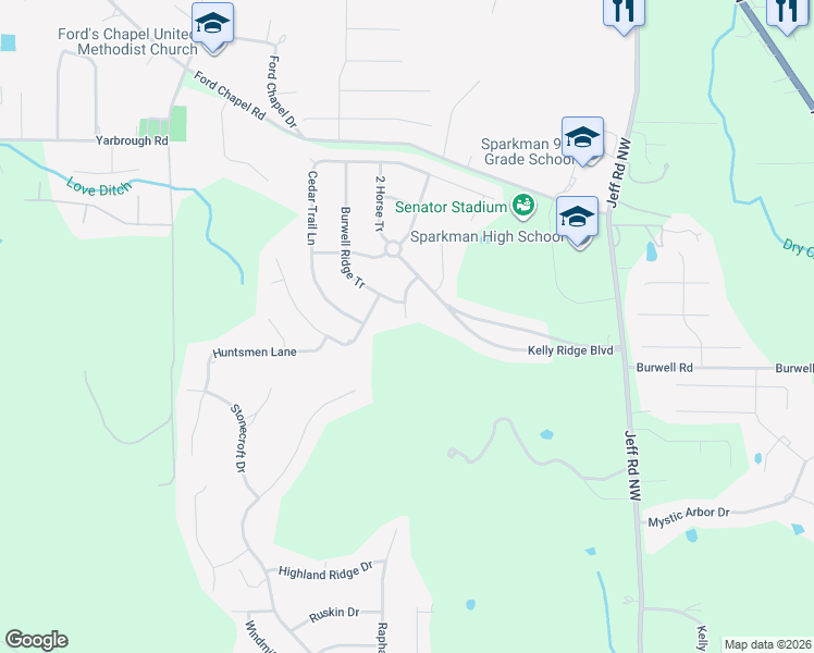 map of restaurants, bars, coffee shops, grocery stores, and more near 109 Jeff View Court in Harvest