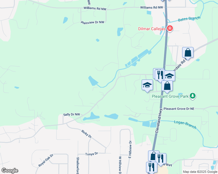 map of restaurants, bars, coffee shops, grocery stores, and more near 228 Haigmill Road Northwest in Dalton