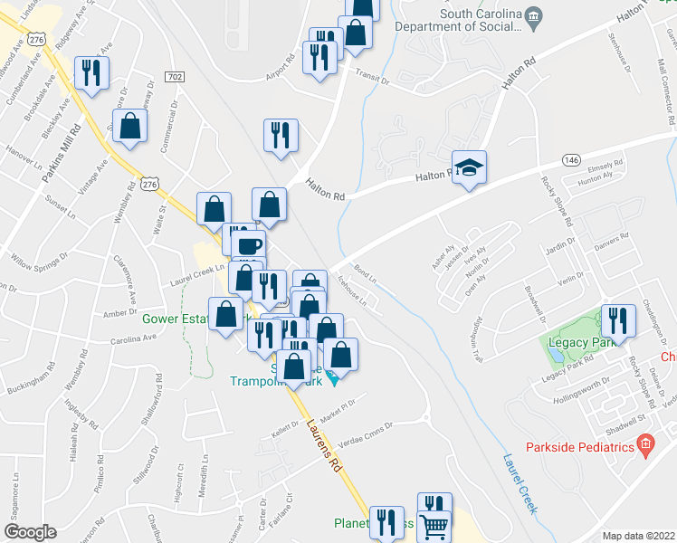 map of restaurants, bars, coffee shops, grocery stores, and more near 200 Woodruff Road in Greenville