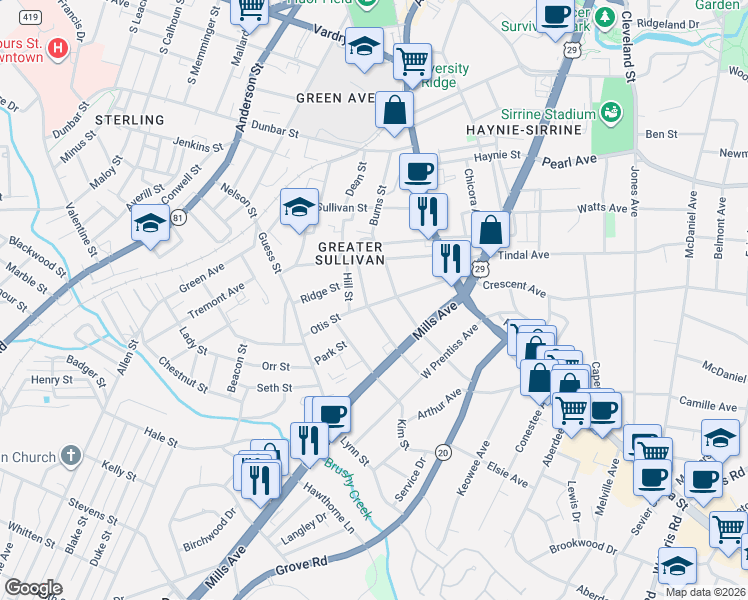 map of restaurants, bars, coffee shops, grocery stores, and more near 201 Otis Street in Greenville