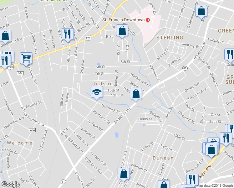 map of restaurants, bars, coffee shops, grocery stores, and more near 17 11th Street in Greenville
