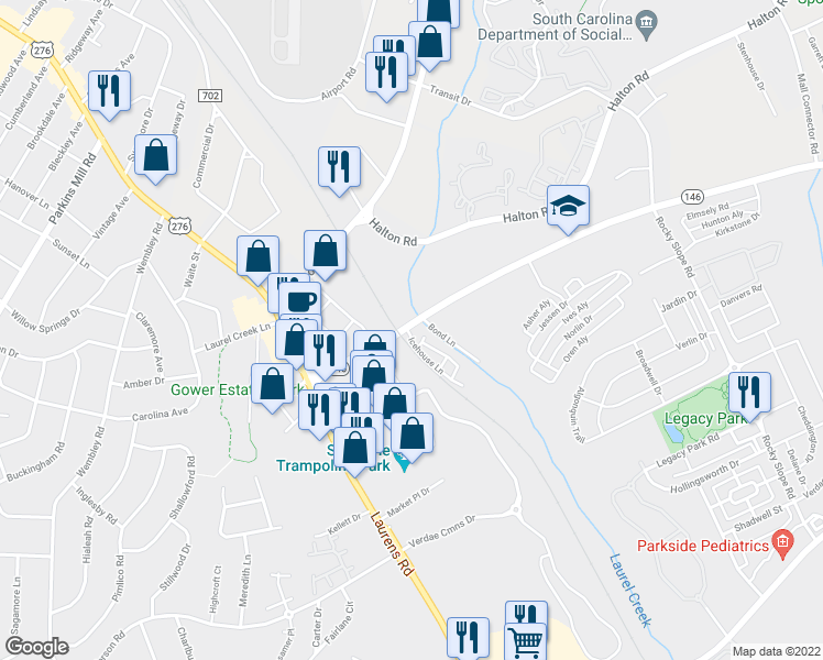 map of restaurants, bars, coffee shops, grocery stores, and more near 5 Glen Alpine Way in Greenville