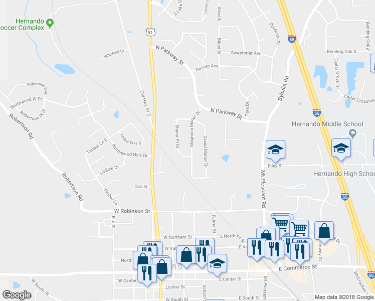 map of restaurants, bars, coffee shops, grocery stores, and more near 1921 Magnolia Manor Drive in Hernando