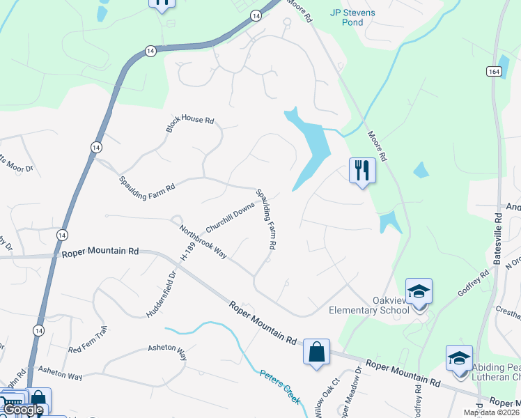 map of restaurants, bars, coffee shops, grocery stores, and more near 504 Spaulding Farm Road in Greenville