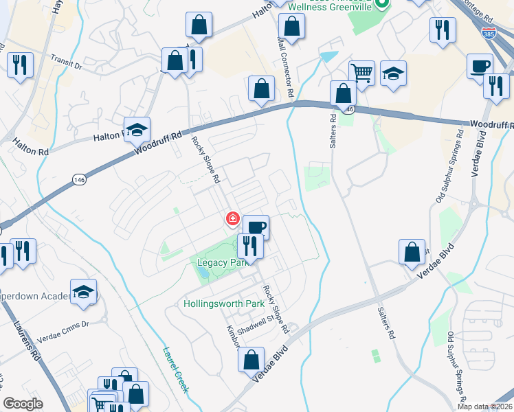 map of restaurants, bars, coffee shops, grocery stores, and more near 326 Danvers Road in Greenville