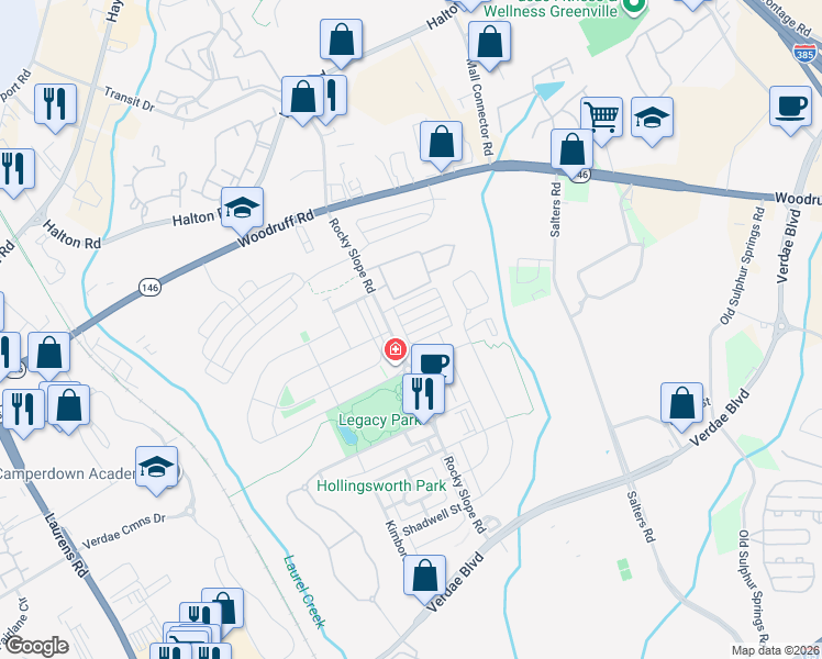 map of restaurants, bars, coffee shops, grocery stores, and more near 114 Danvers Road in Greenville