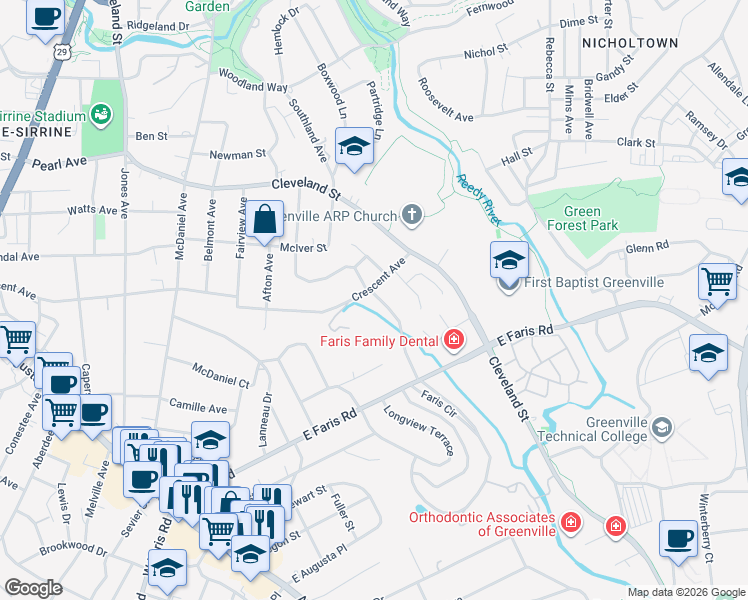 map of restaurants, bars, coffee shops, grocery stores, and more near 310 Pine Forest Drive Extension in Greenville