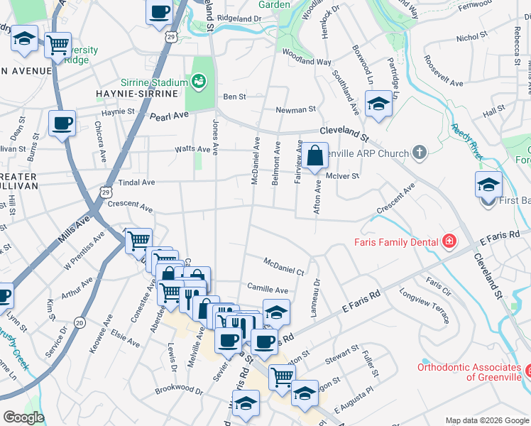 map of restaurants, bars, coffee shops, grocery stores, and more near 11 Lanneau Drive in Greenville
