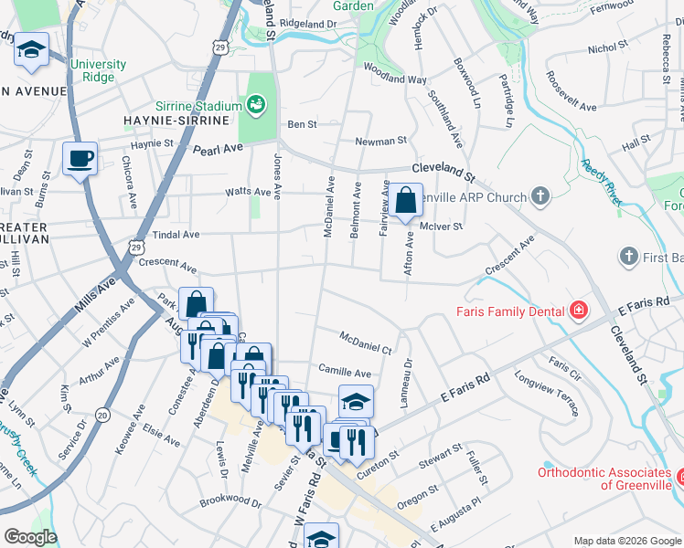 map of restaurants, bars, coffee shops, grocery stores, and more near 11 Lanneau Drive in Greenville