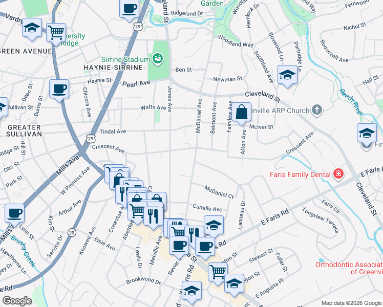 map of restaurants, bars, coffee shops, grocery stores, and more near 608 McDaniel Avenue in Greenville