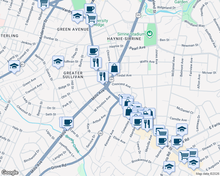 map of restaurants, bars, coffee shops, grocery stores, and more near 1208 Augusta Street in Greenville