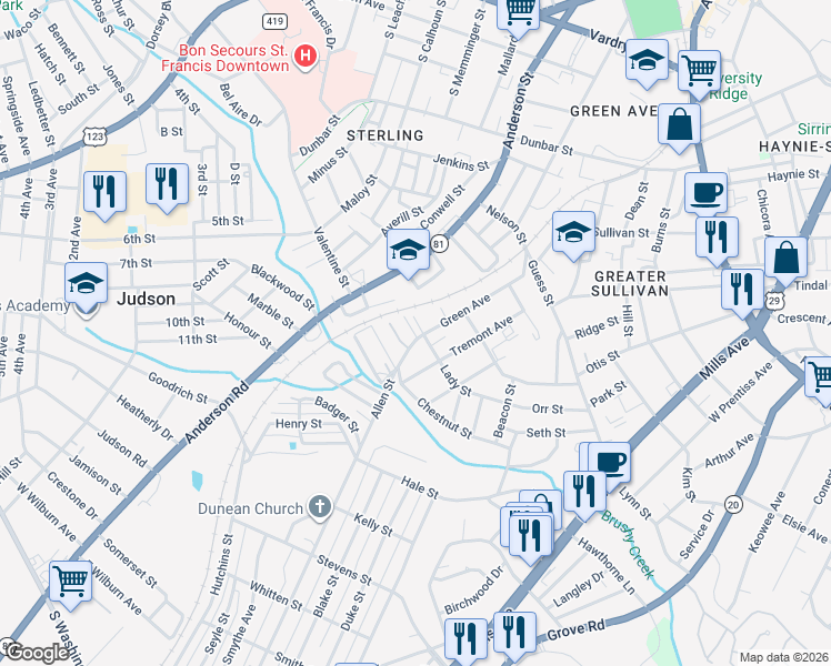 map of restaurants, bars, coffee shops, grocery stores, and more near 1011 Green Avenue in Greenville