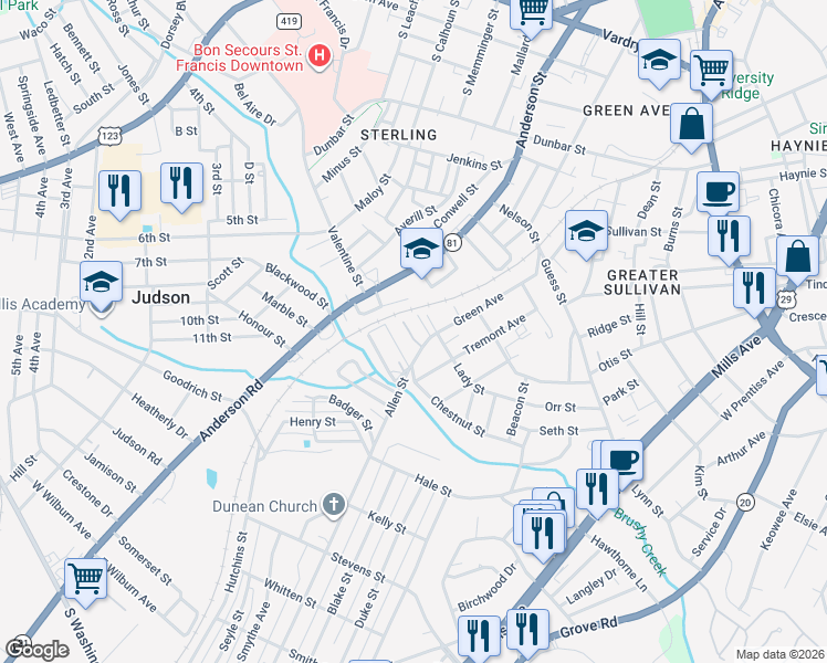 map of restaurants, bars, coffee shops, grocery stores, and more near 1011 Green Avenue in Greenville
