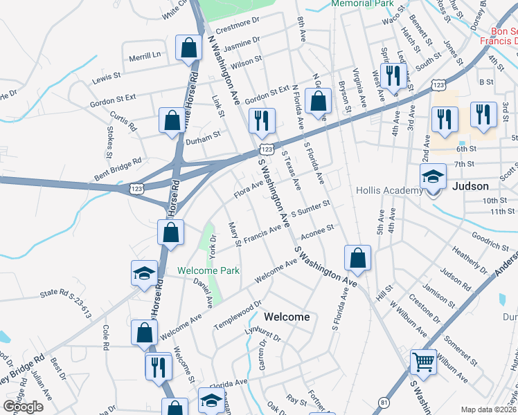 map of restaurants, bars, coffee shops, grocery stores, and more near 118 South Washington Avenue in Greenville