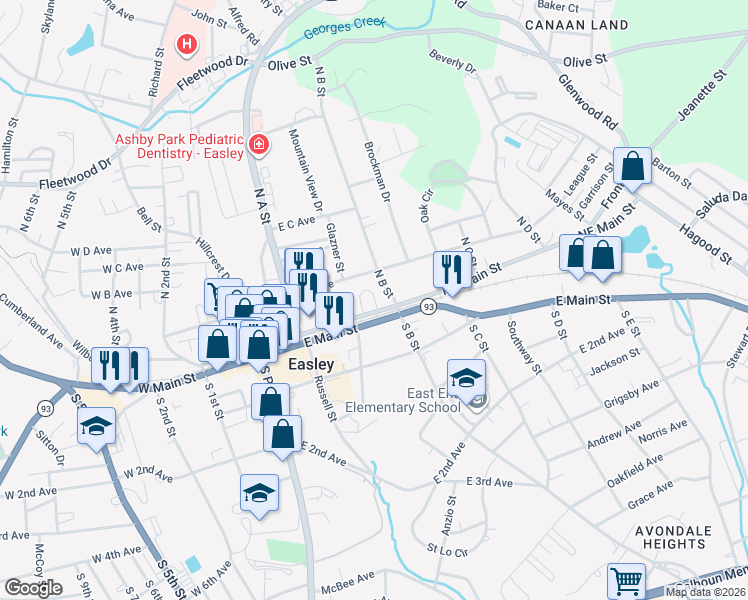 map of restaurants, bars, coffee shops, grocery stores, and more near 101 Duvall Street in Easley
