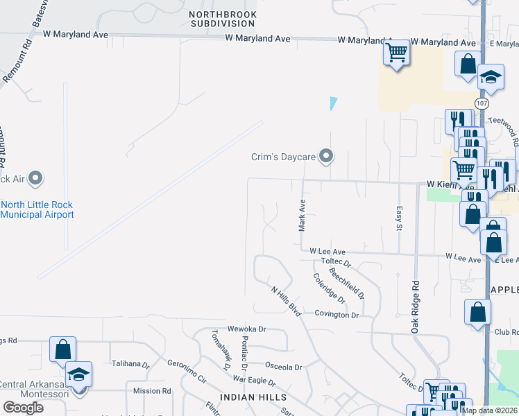 map of restaurants, bars, coffee shops, grocery stores, and more near 203 Birnham Cove in North Little Rock