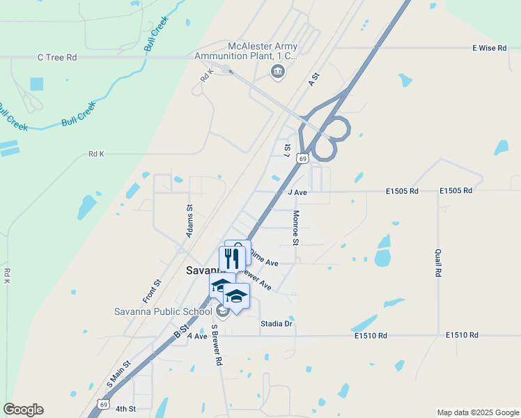 map of restaurants, bars, coffee shops, grocery stores, and more near 8649 Old US Highway 69 in Savanna
