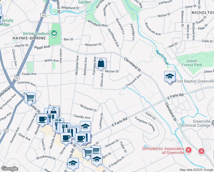 map of restaurants, bars, coffee shops, grocery stores, and more near 702 Crescent Avenue in Greenville