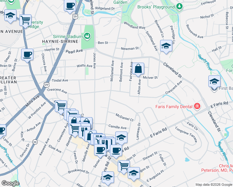 map of restaurants, bars, coffee shops, grocery stores, and more near 540 Crescent Avenue in Greenville