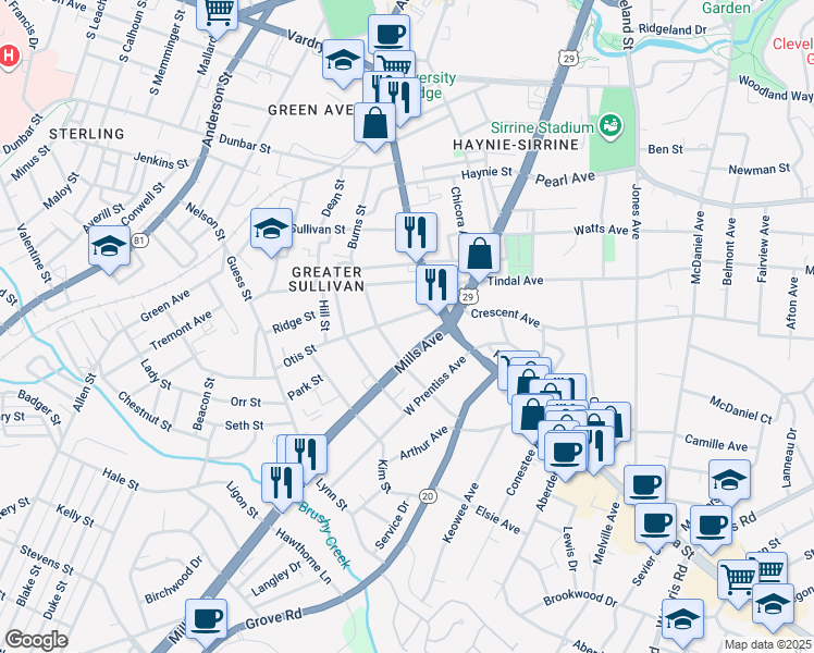 map of restaurants, bars, coffee shops, grocery stores, and more near 16 Mills Avenue in Greenville