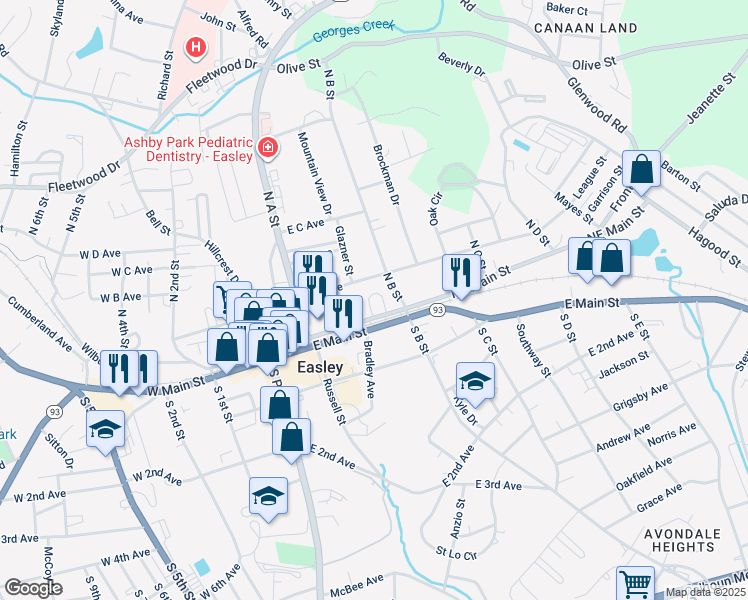 map of restaurants, bars, coffee shops, grocery stores, and more near 300 Duvall Street in Easley