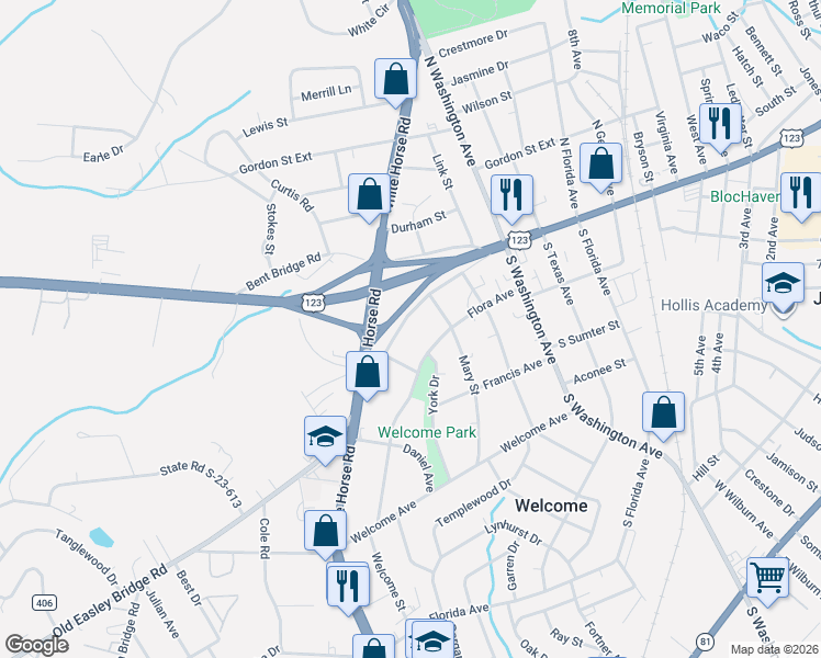 map of restaurants, bars, coffee shops, grocery stores, and more near 203 Flora Avenue in Greenville