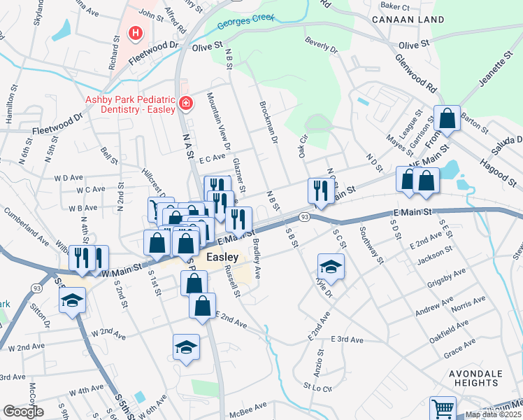 map of restaurants, bars, coffee shops, grocery stores, and more near 300 Duvall Street in Easley