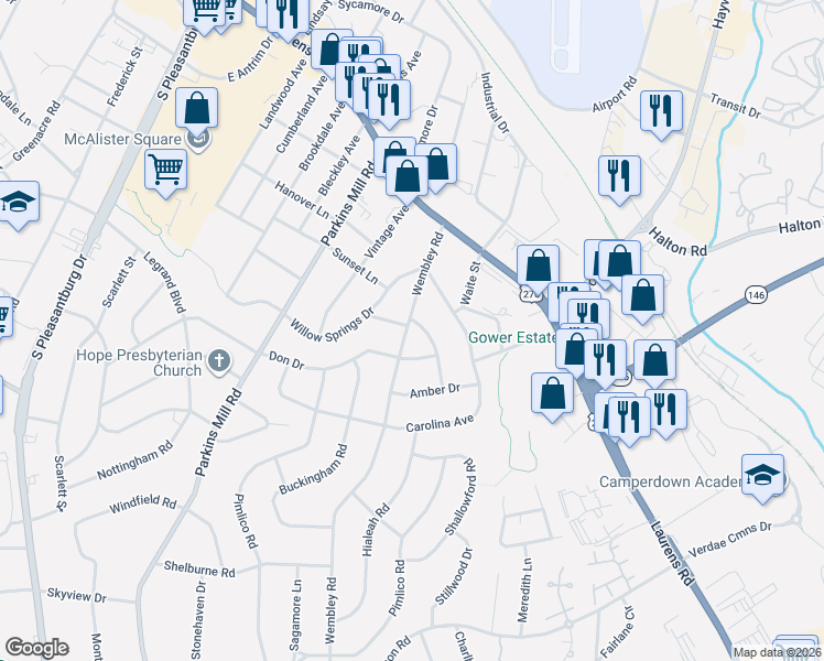 map of restaurants, bars, coffee shops, grocery stores, and more near 113 Wembley Road in Greenville