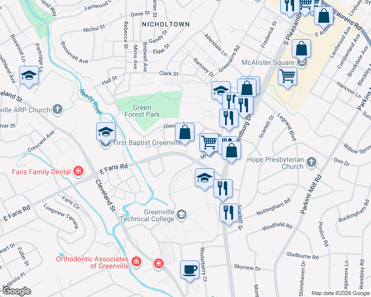 map of restaurants, bars, coffee shops, grocery stores, and more near 777 East Faris Road in Greenville