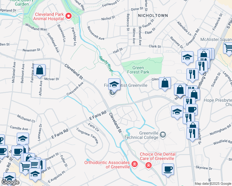 map of restaurants, bars, coffee shops, grocery stores, and more near 847 Cleveland Street in Greenville