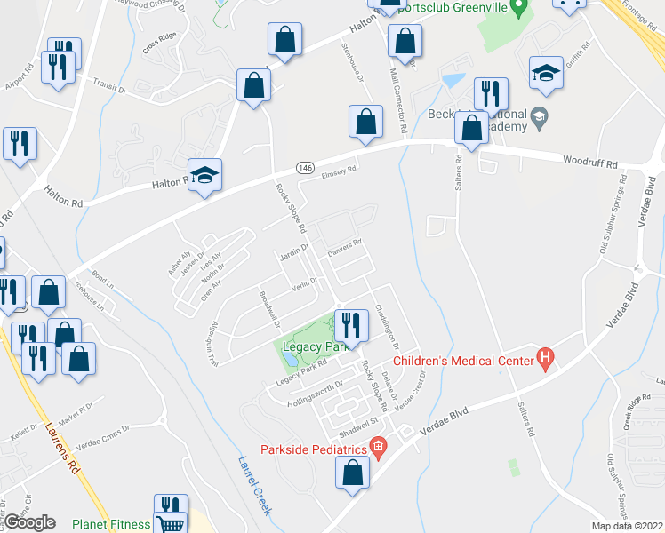map of restaurants, bars, coffee shops, grocery stores, and more near 114 Danvers Road in Greenville