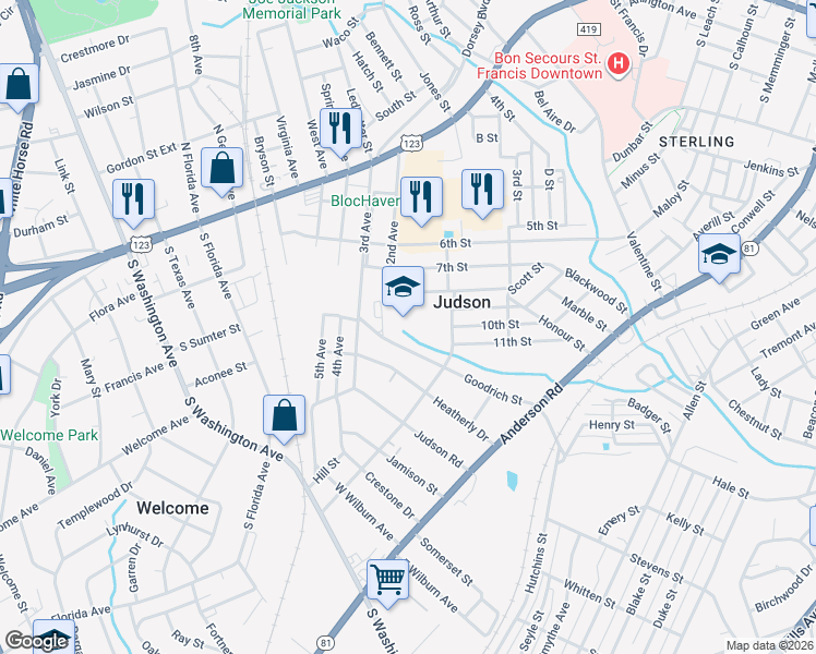 map of restaurants, bars, coffee shops, grocery stores, and more near 200 Goodrich Street in Greenville