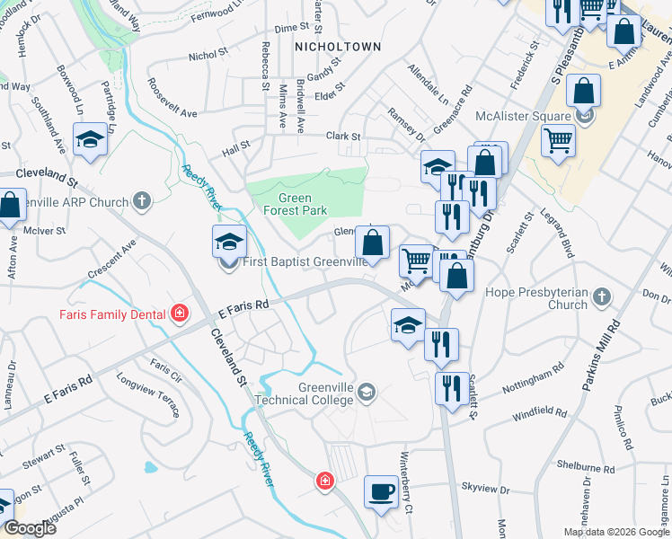 map of restaurants, bars, coffee shops, grocery stores, and more near 10 Styles Road in Greenville