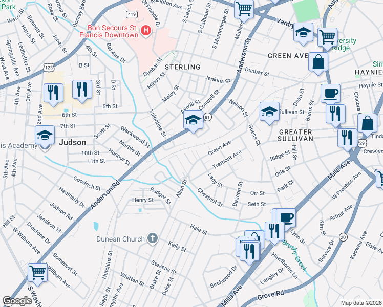 map of restaurants, bars, coffee shops, grocery stores, and more near 901 Anderson Road in Greenville